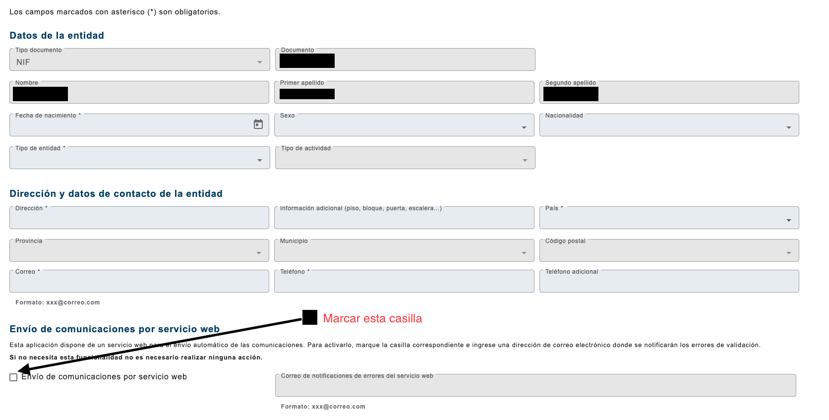 Formulario de SES con la casilla Envío de comunicación por servicio web marcada y resaltada
