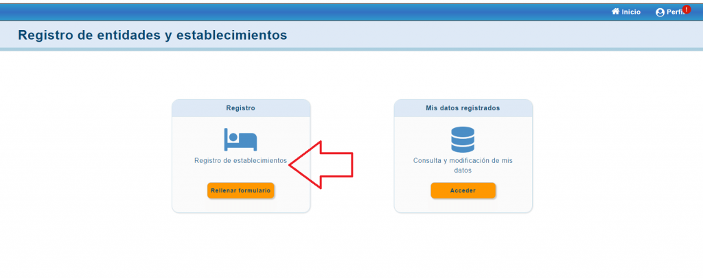 Pantalla de SES con la opción Registro y el botón Rellenar formulario señalados